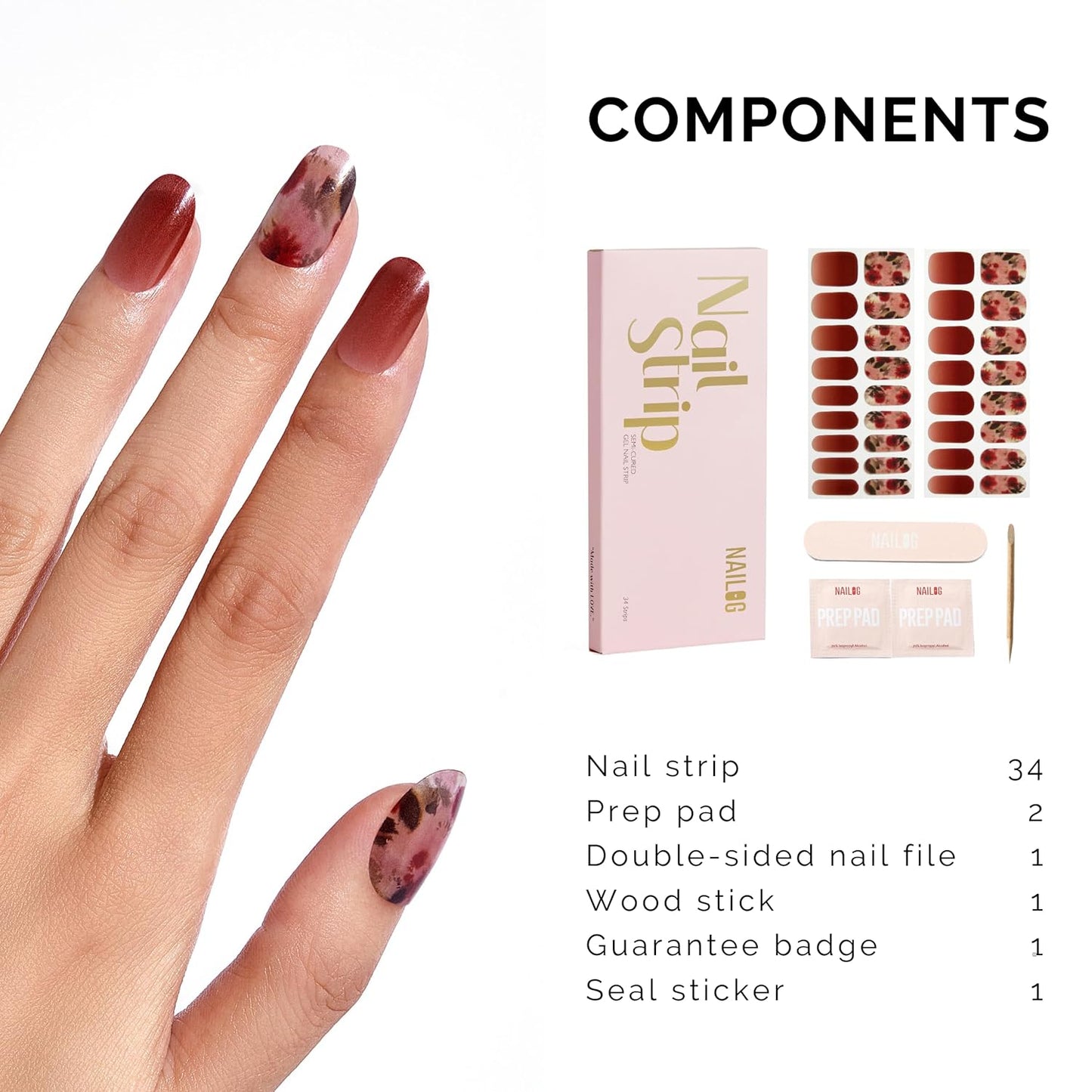 Semi Cured Gel Nail Strips - NAILOG 34 Pcs Gel Nail Stickers | Buy 2 Get 1 UV Light | Extra Long Nail Wraps with Glossy Gel Finishing Reddish Brown, Wildflowers
