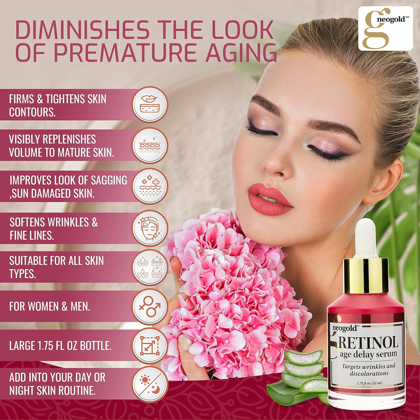 Resurfacing Retinol Serum, 1.75 Fl Oz, Anti-Aging Moisturizer for Face, Reduces Wrinkles, Sagging Skin, Fine Lines, Aloe Vera, Green Tea, Glycerin, Paraben-Free