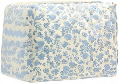 PAZIMIIK Quilted Makeup Bag Large Travel Zipper Soft Cosmetic Pouch for Women Girls Make Up,Little Flower Blue