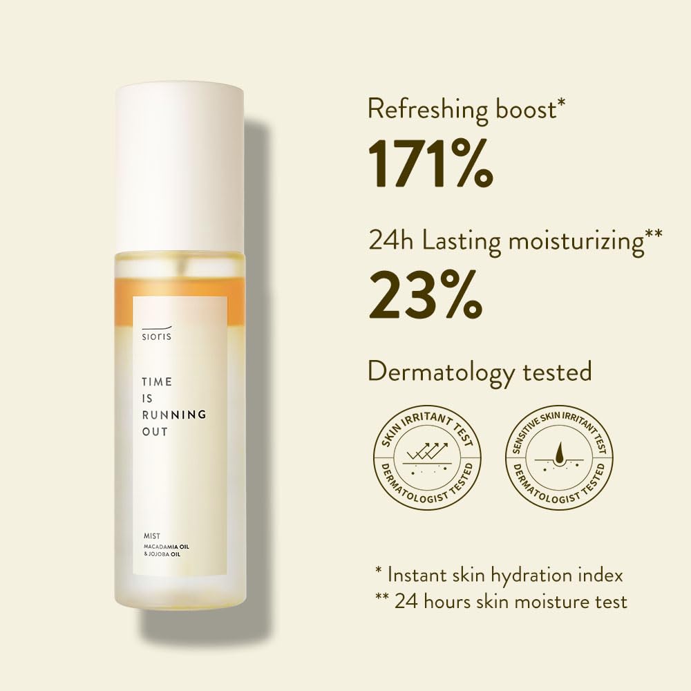 SIORIS Time Is Running Out mist 3.38 Fl oz, Organic and vegan face mist for Sensitive skin, jojoba oil for moisture lock, enriched citrus water rejuvenates, glass veil finish