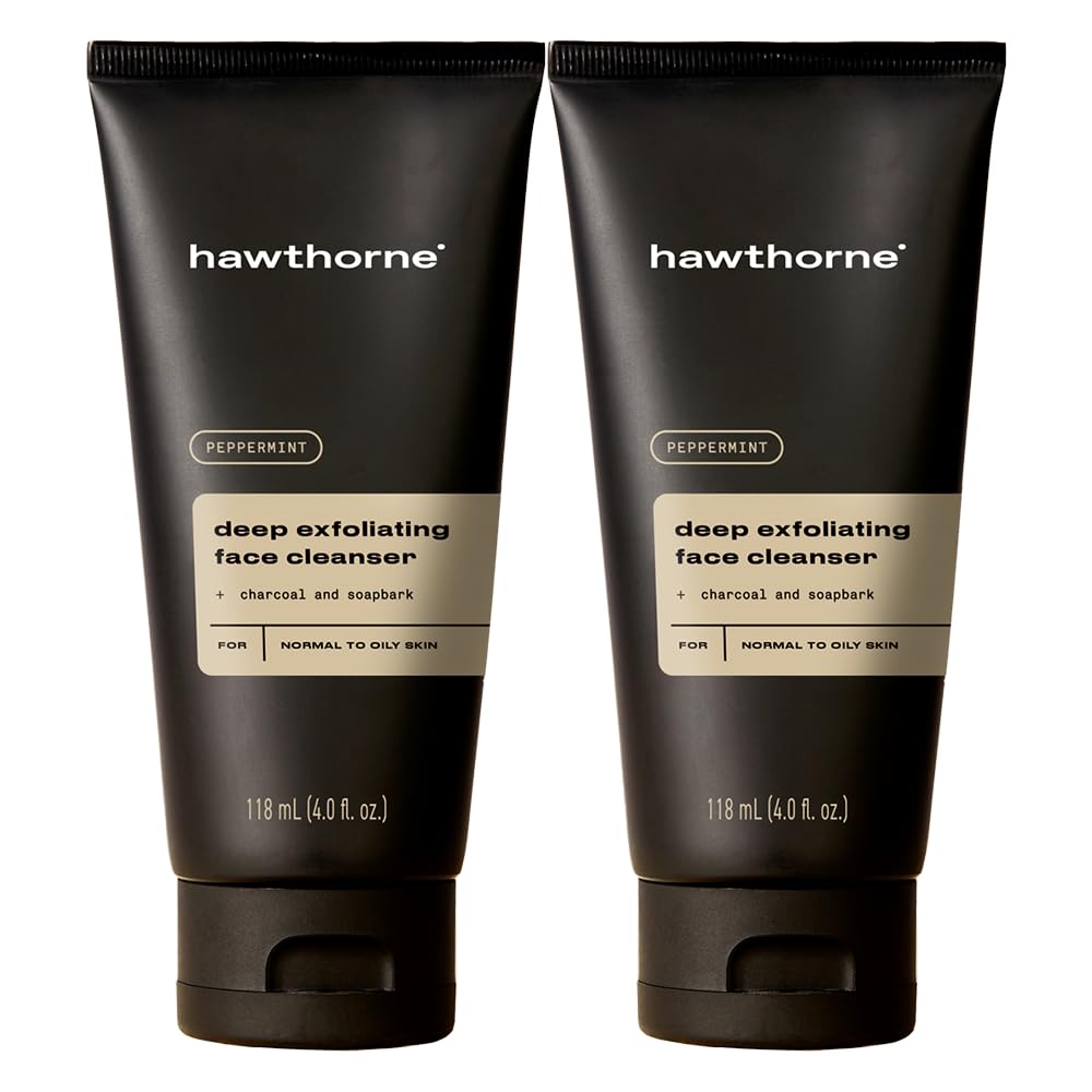Hawthorne Men's Deep Exfoliating Charcoal Face Wash Cleanser For Normal to Oily Skin. Eliminate Dirt, Grease, and Grime. Natural Ingredients, Vegan, Sulfate Free. 2-Pack, 4 Fl. Oz. Each