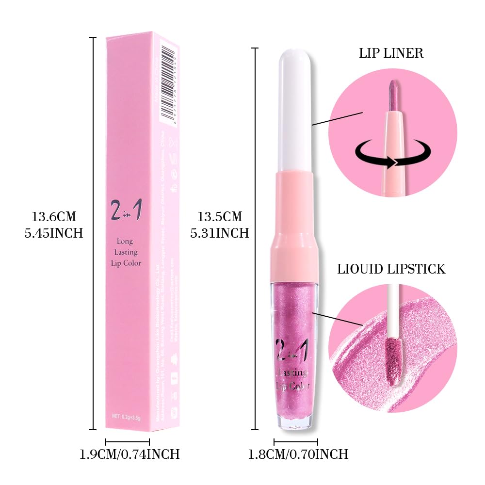 evpct Pink Metallic Glitter Lip Liner and Lipstick Combo Lip Gloss Stain Set Makeup for Women Long Lasting Waterproof 24, Rose Pink Metallic Shimmer Frosted Iridescent Glossy Liquid Lipstick 21