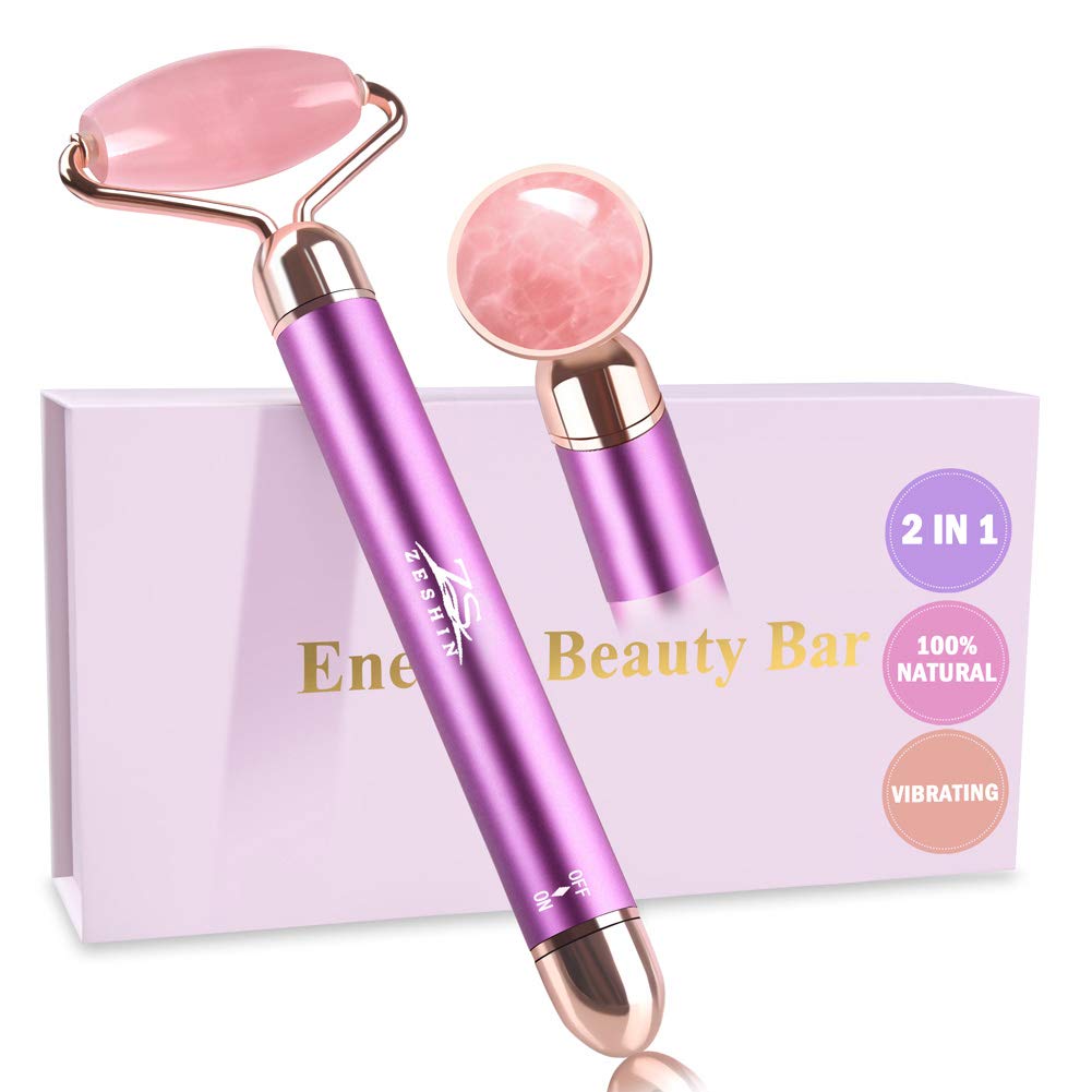 Upgrade 2 in 1 Vibrating Face Roller, Electric Jade Roller Facial Massager Roller for Wrinkles, Flaws, Eyepuffiness and Glowing Youthful Skin