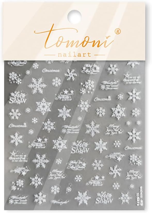White Snowflake Nail Art Stickers Christmas Nail Decals Decorative Font Nail Stickers 5D Self-Adhesive Winter Theme Nail Art Design Decals DIY Nail Decoration Supplies for Women Girls 1Sheet