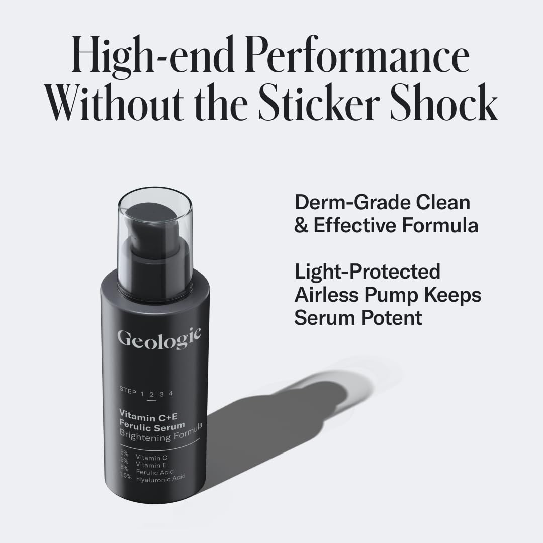 Geologie Vitamin C+E Ferulic Acid Face Serum | Brightening & Firming Anti-Aging Gel Formula | 5% Light-Protected & Stabilized Vitamin C , 0.5% Vitamin E, 1.5% Hyaluronic Acid | 30 ML