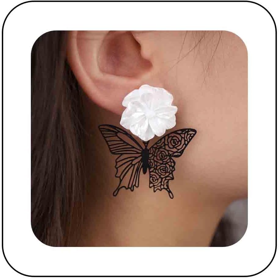 Vintage Black Butterfly Flower Drop Earrings Acrylic Flower Earrings White Flower Studs Earrings Black Hollow Butterfly Earrings Jewelry for Women