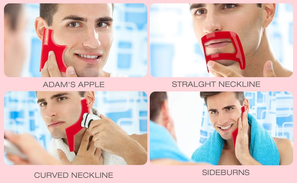 Beard Shaper Tool Kit for Beard Shaping & Styling with inbuilt Comb, Beard Styling Cutting Hairline Grooming Red Plastic Beard Template Set Shape Beard Lines, Beard Lineup