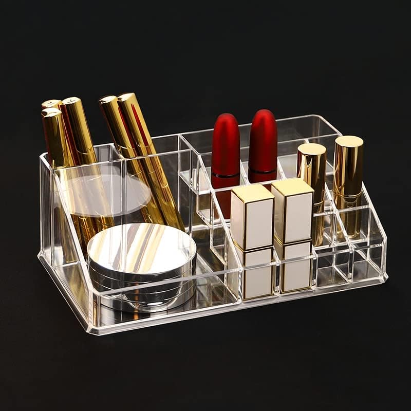 Acrylic Makeup Organizer Cosmetic Storage Makeup Display Case Makeup Brush Holder Lipstick Dispenser Canister Bathroom Container (8.7x 5 x 3.2 in, 16 Partitions, Transparent)