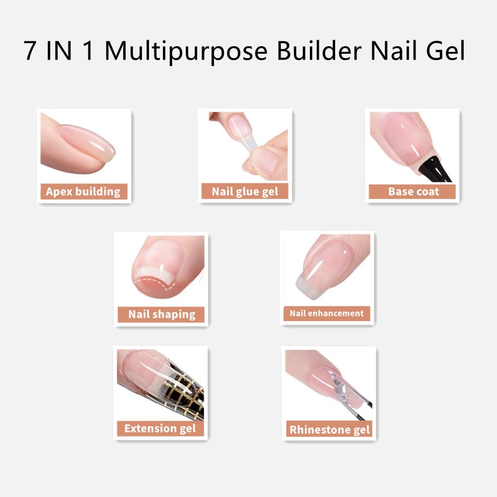 Builder Nail Gel, 7-in-One Clear Builder for Nails, LED Lamp Cured Color Strengthener Thickening Extension Rhinestone Glue Gel Polish in a Bottle for DIY Home Salon Gift