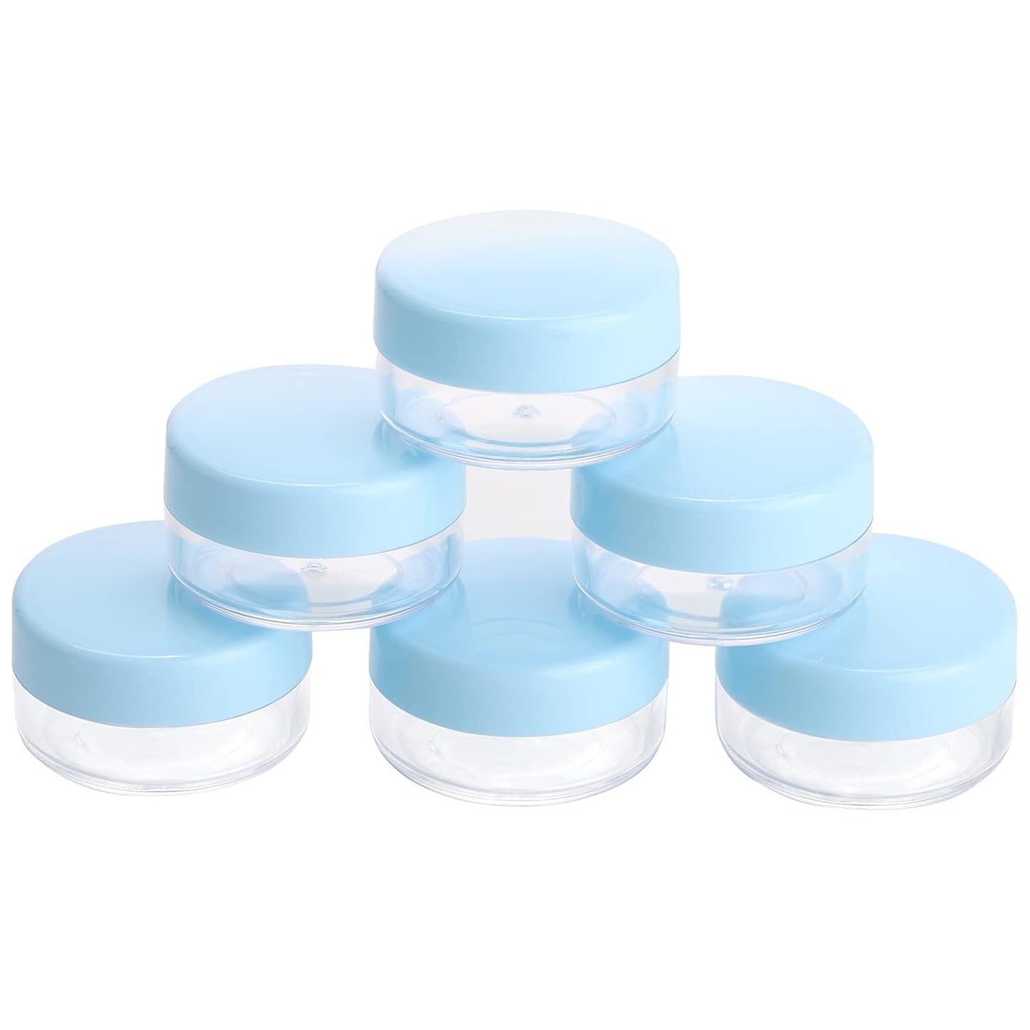 Refillable Cosmetic Sample Jars - 100 Pack 10g (0.35oz) Blue Small Travel Containers with Lids + 10 Mini Makeup Spatulas - BPA Free