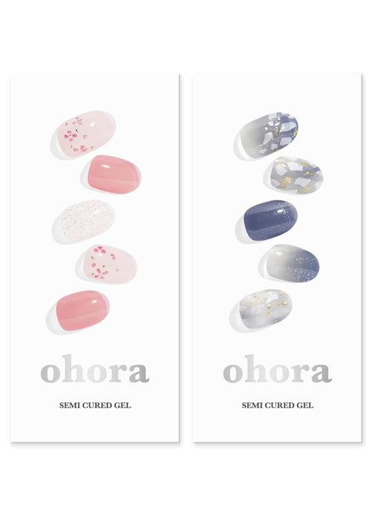ohora Semi Cured Gel Nail Strips (N Rose Diamond N Gleam Blue) - Works with Any Lamps, Salon-Quality, Long Lasting, Easy to Apply & Remove - Includes 2 Prep Pads, Nail File & Wooden Stick