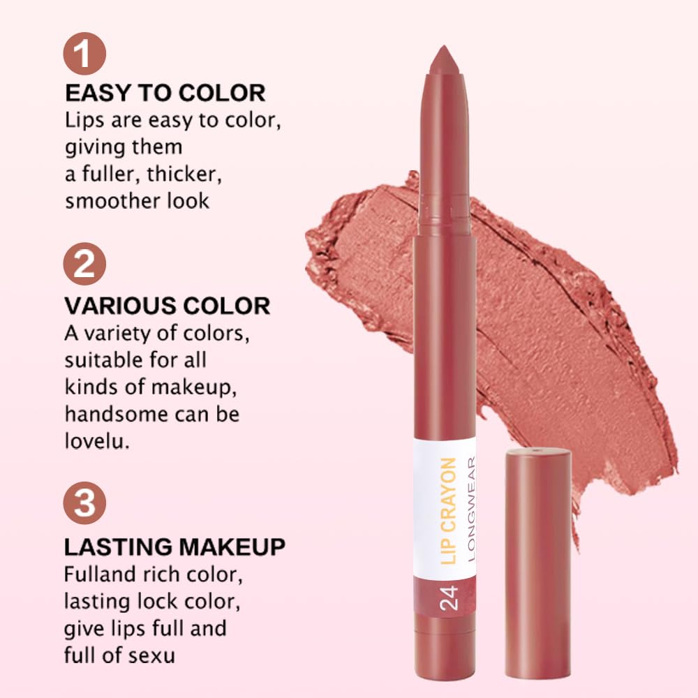 BINGBRUSH Lip Crayons Matte Longwear Lipstick Pack Set,Moisture Smooth Lipliner With Built-in Sharpener Ultimate Super Stay Ink Lip Crayon for Makeup,Waterproof Velvet Lipgloss Lip Stain(24Indian Red)