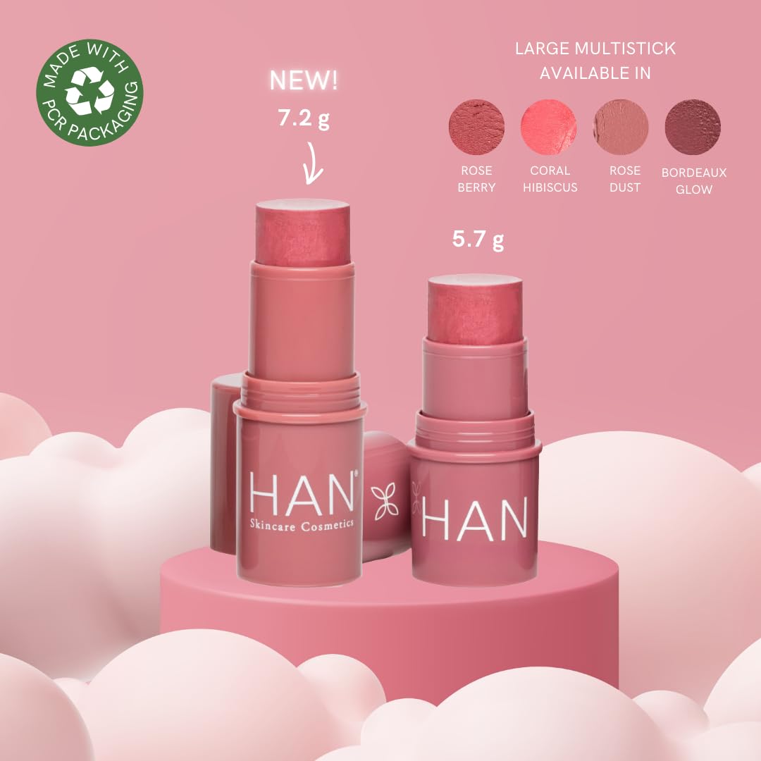 HAN Skincare Cosmetics Vegan, Cruelty-Free 3-in-1 Multistick for Cheeks, Lips, Eyes, Rose Berry | Large