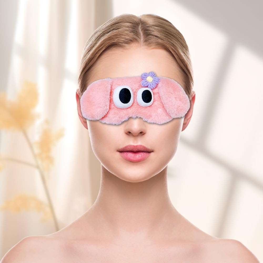 PERFECTSIGHT Dog Sleep Eye Masks, Cute Plush Sleep Eye Cover Lightweight Adjustable Eyeshade Faux Fur Mask Cover for Women Men Kids Sleep Travel Nap, Pink Puppy