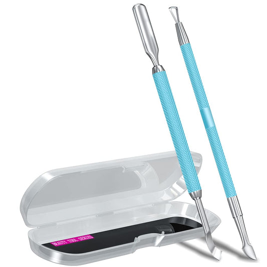 2PCS MetalTurquoise/Lake Blue Cuticle Pusher and Cutter Remover Salon Quality Stainless Steel Gel Nail Polish Peeler Scraper Durable Manicure and Pedicure Cleaner Tool For Fingernail and Toenail