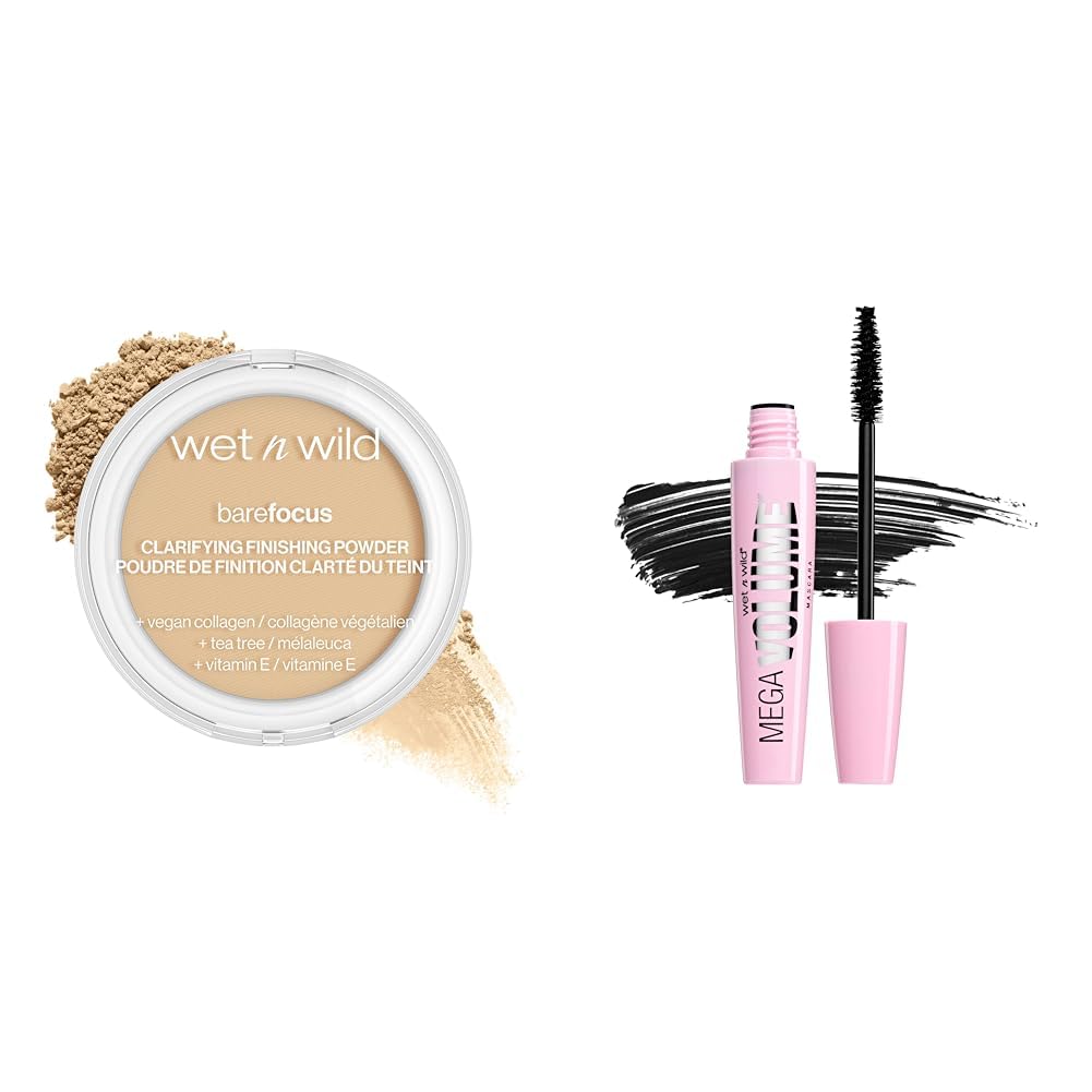 wet n wild Bare Focus Clarifying Finishing Powder Light-Medium & Mega Volume Waterproof Mascara Very Black 0.21 Ounce Bundle