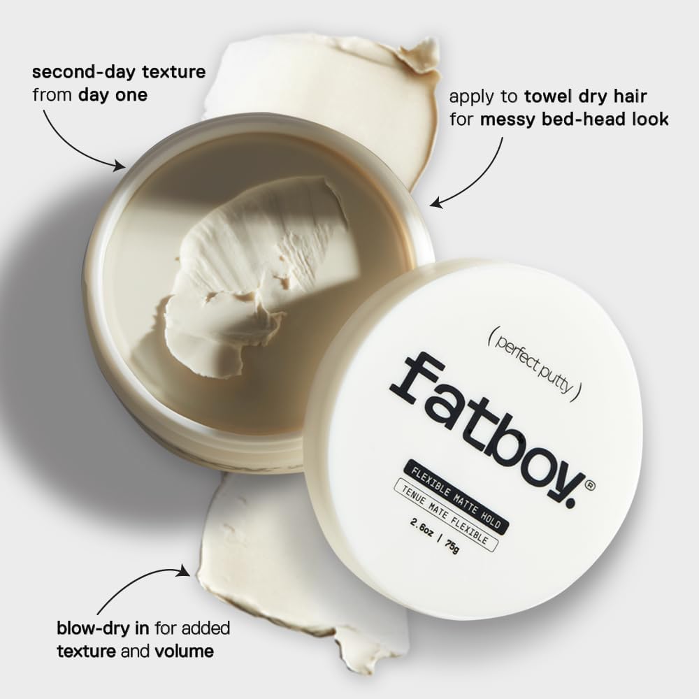 Fatboy Hair Perfect Putty, Styling Kaolin Clay Putty, Medium Hold for Volume & Texture, Matte Finish, Hair Care for All Hair Types, Flexible Lightweight Formula, Paraben Free, Color Safe, 2.6 Oz