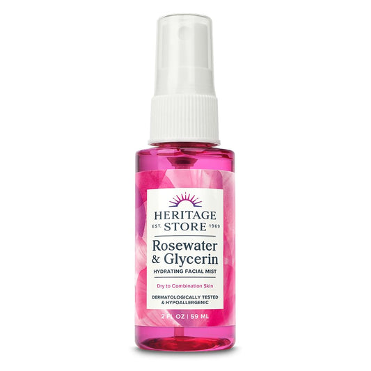 HERITAGE STORE Rosewater & Glycerin Hydrating Facial Mist - Dry Combination Skin Care - Rose Water Spray w/Vegetable Glycerine, Made Without Dyes or Alcohol, Hypoallergenic, Vegan, Cruelty Free, 2oz
