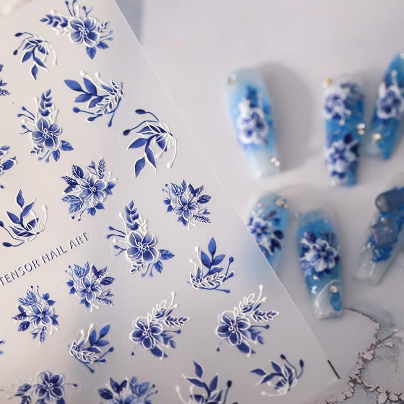 5D Embossed Nail Stickers Flower Nail Art Stickers Decals Self-Adhesive Floral Nail Supplies Blue Floral Leaf Nail Art Design Decorations Nail Art Decals for Women