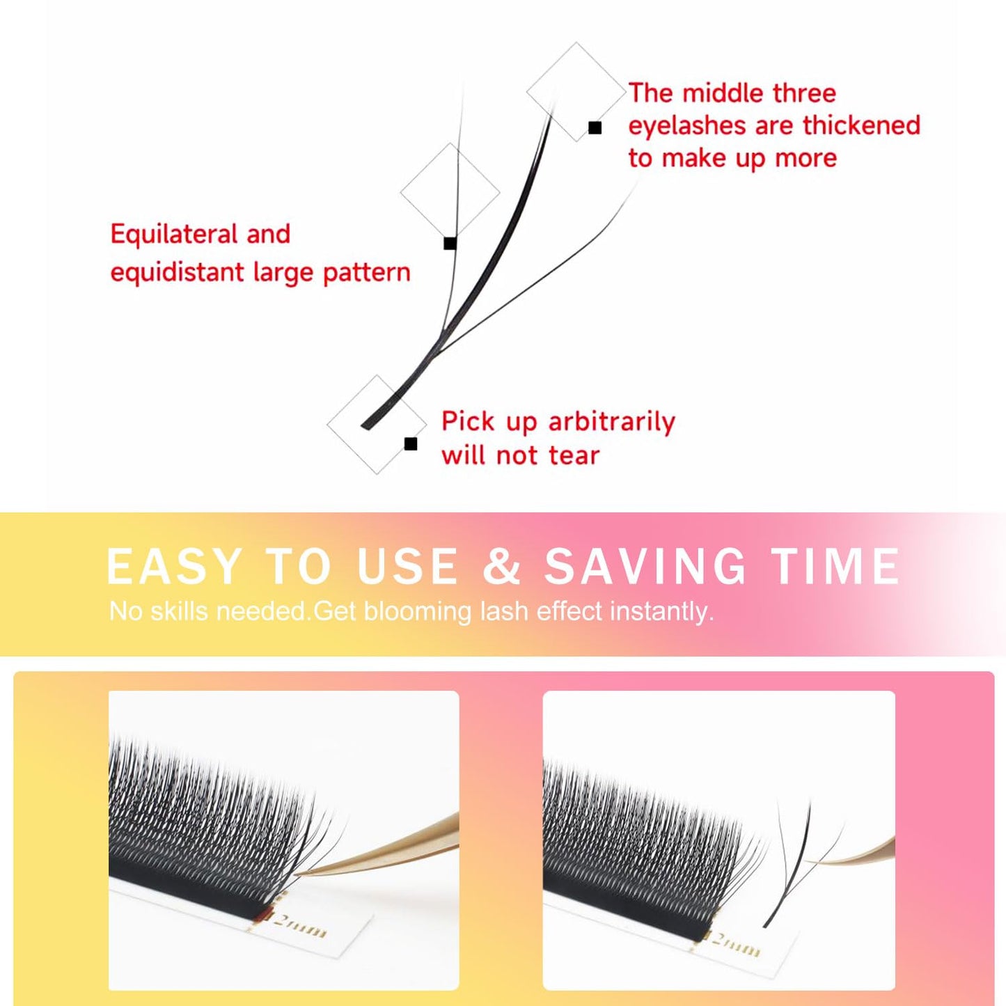 Lash Extensions Three Core Tips 3D Eyelash Extensions W Shape 0.07mm Thickness D Curl 10mm Premade Fans Easy Fan Volume Lashes Matte Black Crisscross(W-3D-Three Core-0.07-D,10mm)