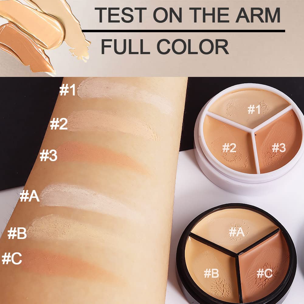 2pcs Tri-color Face Concealer Contour Palette With Brush for Light Medium Skin. Correct Cream Foundation Palet for Under Eye Dark Circles Eyelid Tattoo. Ivory Cream Makeup Plate corrector de ojeras