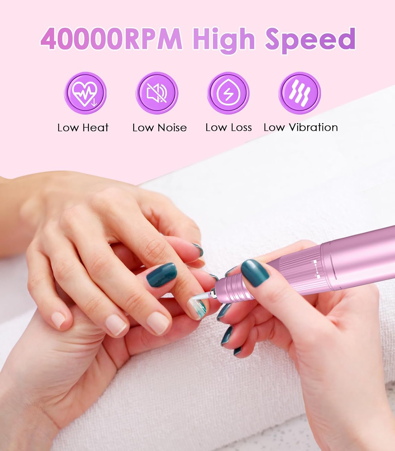 Portable Nail Drill Electric File: Professional Nail E File Machine 40000RPM Rechargeable Cordless Pink Diamond Nail Drill with Bits & Base for for Acrylic Nails Remove Gel Polish Manicure, Salon Home
