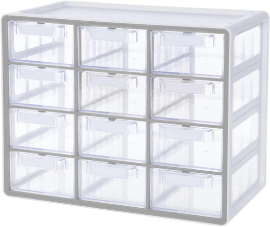 Blue Ginkgo Large 12-Drawer Cabinet – Stackable Clear Organizer for Hardware, Beads, Plastic Bricks, Office, and Craft Storage (Made in Korea, Gray)