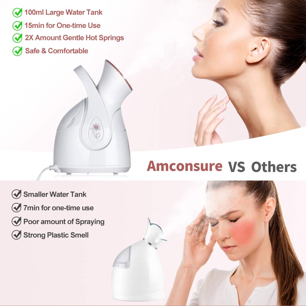 Facial Steamer, Amconsure Nano Ionic Face Steamer for Home, 100ML Warm Mist Humidifier for Women Moisturizing, Unclogs Pores-Bonus Stainless Steel Skin Kit and 2 Face Scrubbers