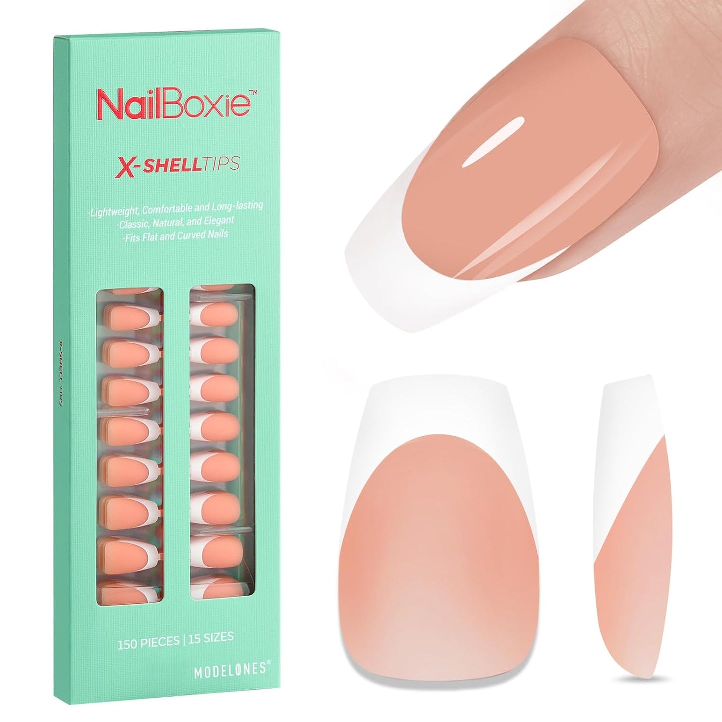 modelones French Tip Press on Nails, 150Pcs Short Coffin Fake Nails with Nail Box, Deep Nude Gel Nail Tips for Women, Soft Glue-On Nails for Natural Salon Look, DIY Nail Art Kit (15 Sizes)