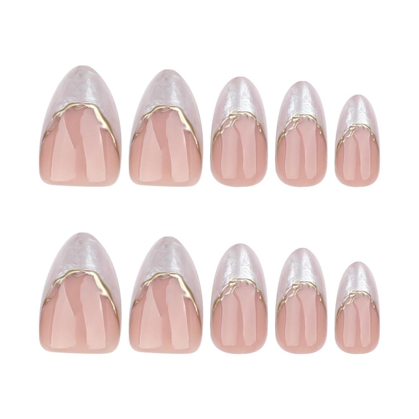French Short Press On Nails Almond, Nude Fake Nails with Cloudy White French Tip and 3D Gold Line Design, Glossy Gel Finish Acrylic Nails, Natural Reusable Glue On Nails Kit for Women, Gilded Cloud