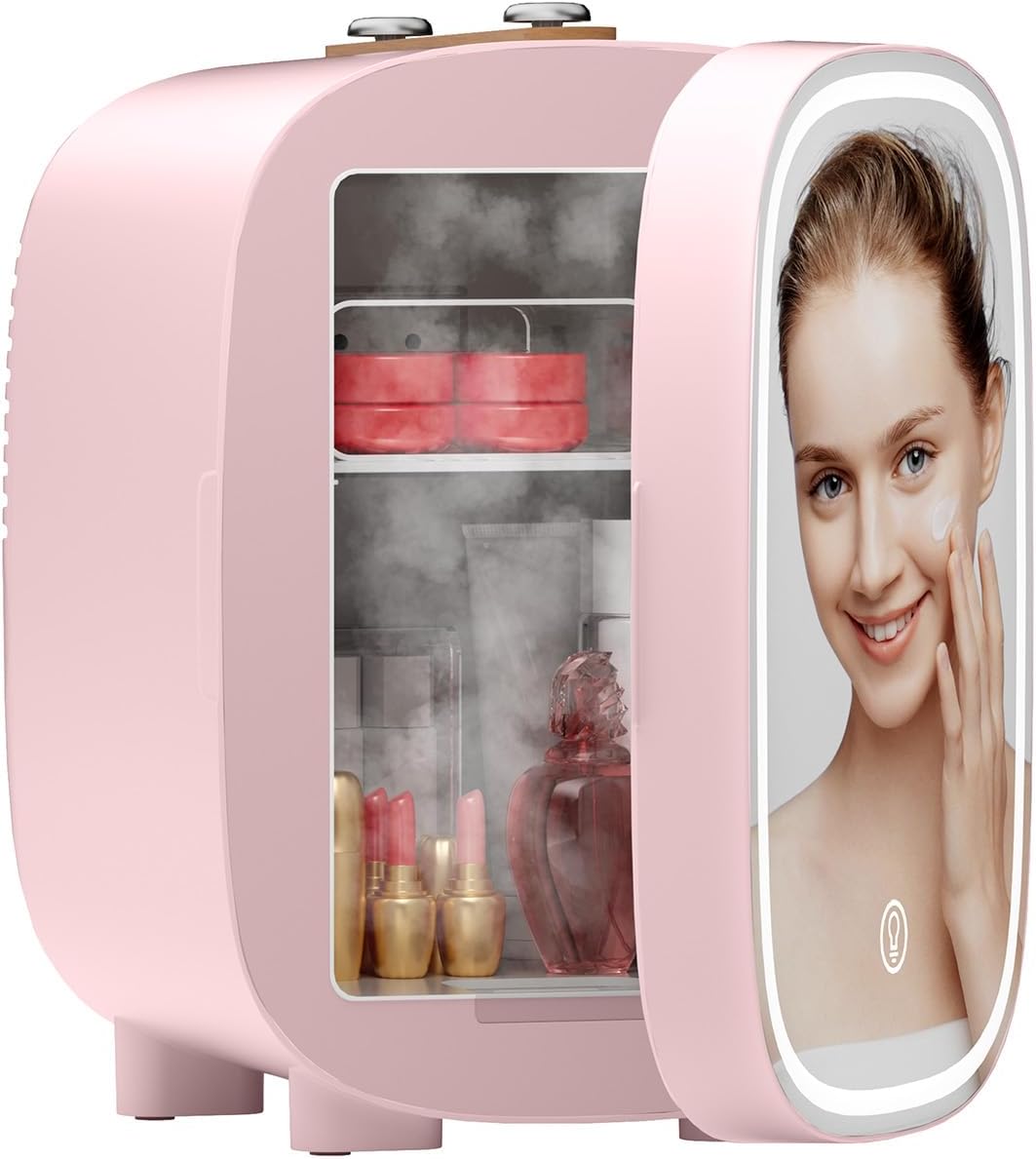 DF01A Skincare Fridge, Mini Fridge for Skincare with 3-Level Dimmable LED Light Mirror, Low Noise 4L Makeup, Cooler & Warmer, Portable Design for Multiple Uses - Bedroom, Office, and Car