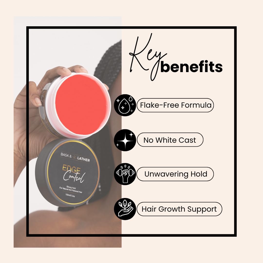BASK & LATHER Strong Hold Edge Control Gel with Castor Oil, Non-Greasy, Non-Flaking, No White Cast, Long Lasting, Supports Hair Growth, Natural Formula, For All Hair Types, 5.3 Fl Oz