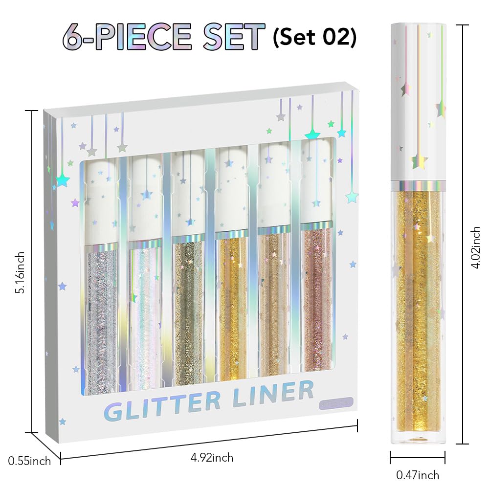 6Pcs Shimmer Metallic Eyeshadow Eyeliner Set - Glitter Sparkle, Long Lasting, Quick Drying, Waterproof & Smudge Proof, High Pigment Liquid Eyeshadow for Parties, Cosplay, Weddings (Set 2#)