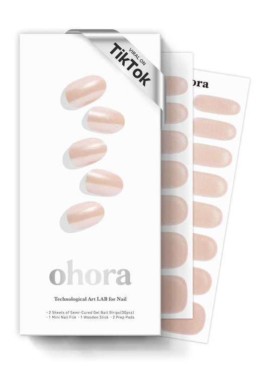 ohora Semi Cured Gel Nail Strips (N Vanilla Chrome) - Works with Any Nail Lamps, Salon-Quality, Long Lasting, Easy to Apply & Remove - Includes 2 Prep Pads, Nail File & Wooden Stick