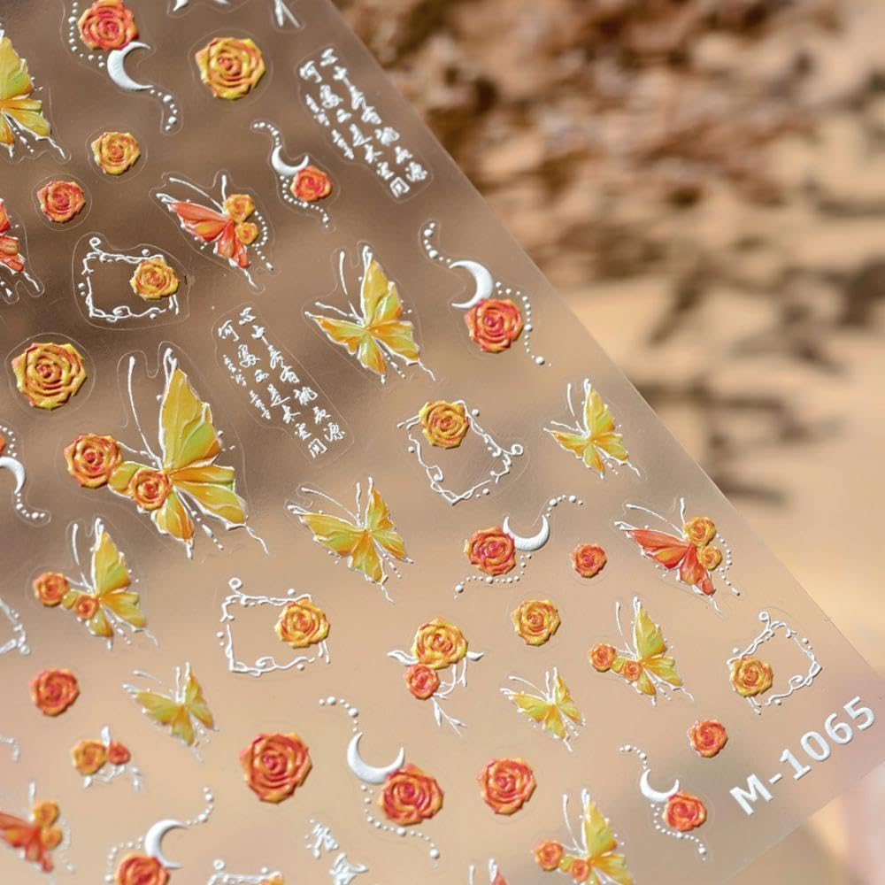 Orange Nail Stickers Butterfly Flower Nail Art Decals 5D Embossed Slf Adhesive with Design Nails Charms for Women Girls Kid Manicure DIY Decoration