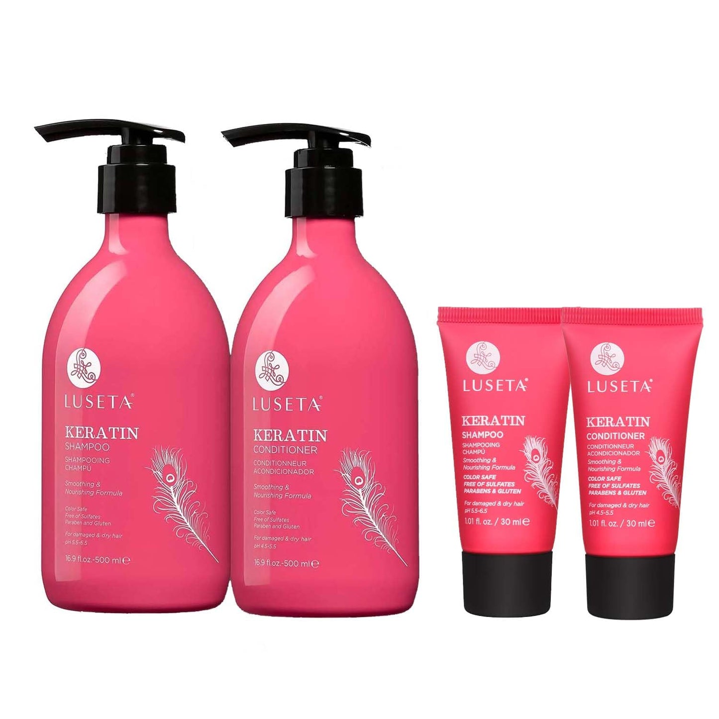 Luseta Keratin Shampoo Full + Travel Size Shampoo + Conditioner Set for Color Treated Damaged & Dry Hair, Keratin Hair Treatment for Smoothing& Nourishing (2x16.9 FL Oz + 2x1.01 FL Oz)