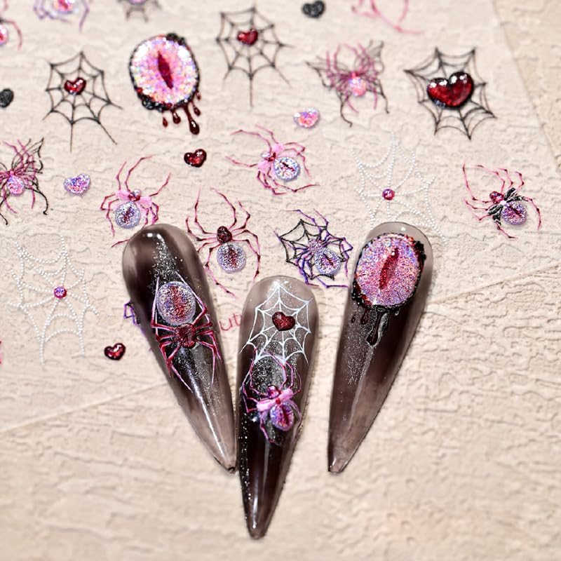 Halloween Nail Stickers 3D Self-Adhesive Goth Nail Art Stickers Pink Spider Web Spider Heart Glitter Design Halloween Acrylic Nail Art Decoration Cute Horror Nail Decals for Women Acrylic Nails DIY