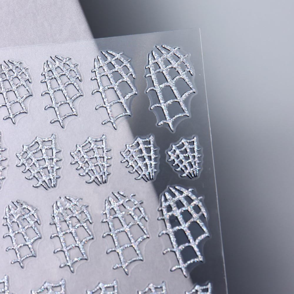 Halloween Nails Stickers Silver Glitter Web Nails Sticker 3D Embossed Glitter Web Self Adhesive Sticker Nail Decals Silver Webs Nail Art Decal Halloween Decals for Nail DIY Manicure 4Sheet