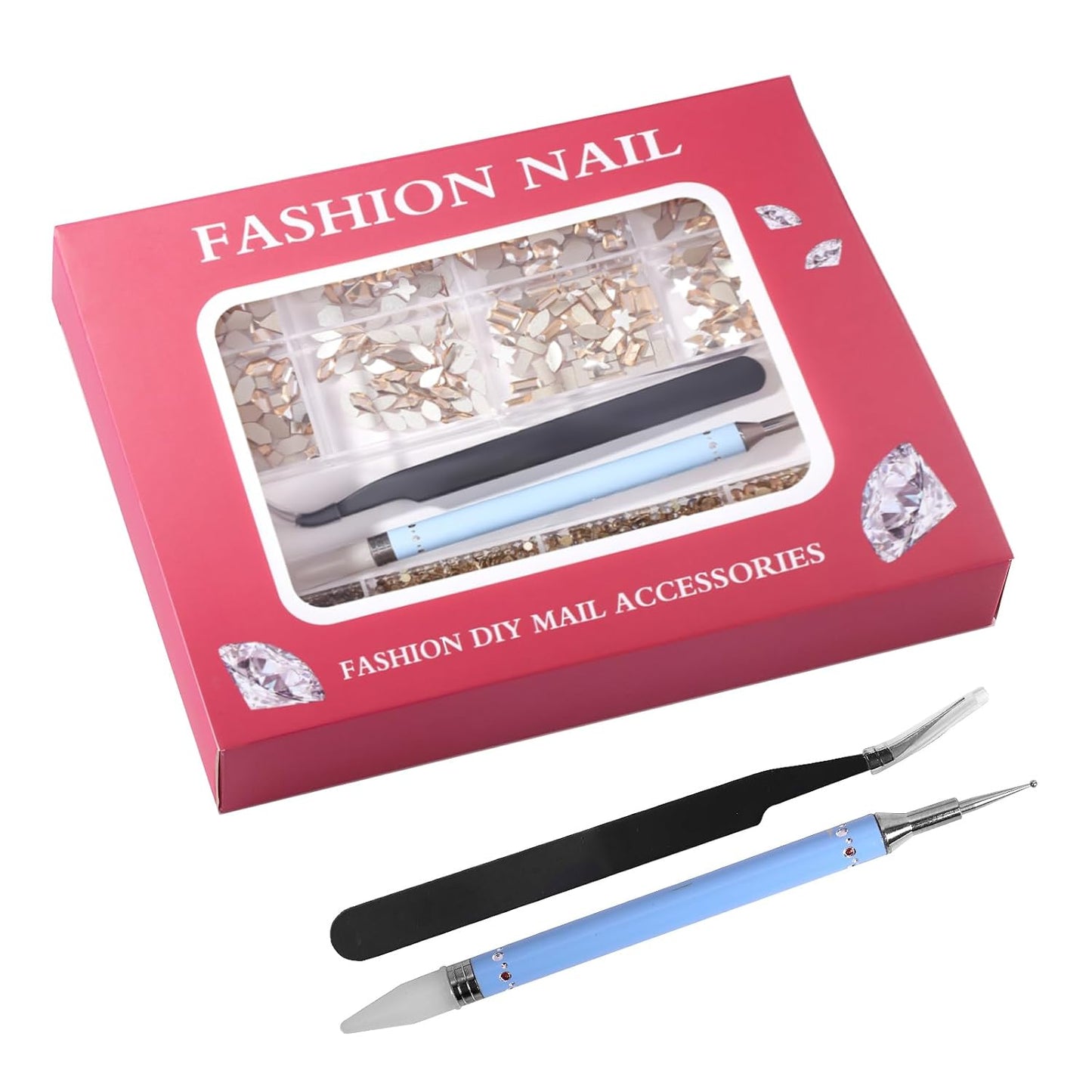 3320Pcs Champagne Nail Art Rhinestones Crystal,3D Rhinestones Gems Jewels Diamond,24 Types of 320 Diamonds + 3000 Round Beads, Crystals 3D Flat Back Gemstones for Nail DIY Crafts with Tweezers Pen