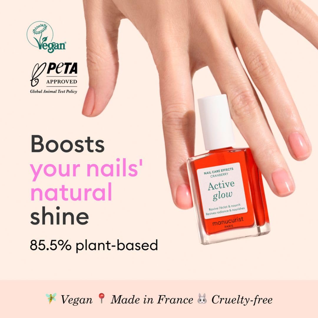 Manucurist Active Glow Cranberry All-in-One Perfecter Nail Polish & Care - No Lamp - Vegan & Made in France Ultra-Glowy Coral Mirror-Like Shine - Nail Concealer & Care - Plant-Based Ingredients
