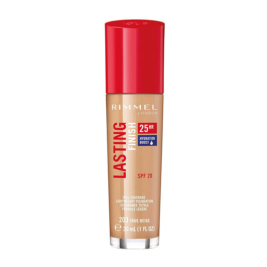 Rimmel London Lasting Finish 25HR - 203 True Beige - Foundation, 25-Hour Wear, Full Coverage, Waterproof, 1oz