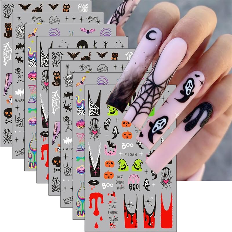 8 Sheets Halloween Nail Stickers Decals Horror Halloween Self Adhesive Nail Design Stickers Ghost Skull Black Cat Spider Web Nail Art Stickers for Women Girls DIY Manicure Nail Decoration