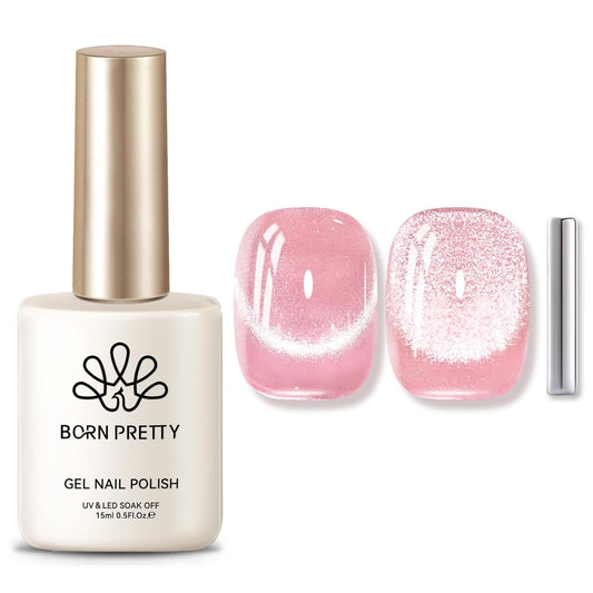 BORN PRETTY Cat Magnetic Eye Gel Nail Polish,Pink Myrtle Glitter Cat Magnetic Gel Nail Polish, Holographic Magnetic Nail Polish for Nail Art Manicure Salon DIY at Home 15ML