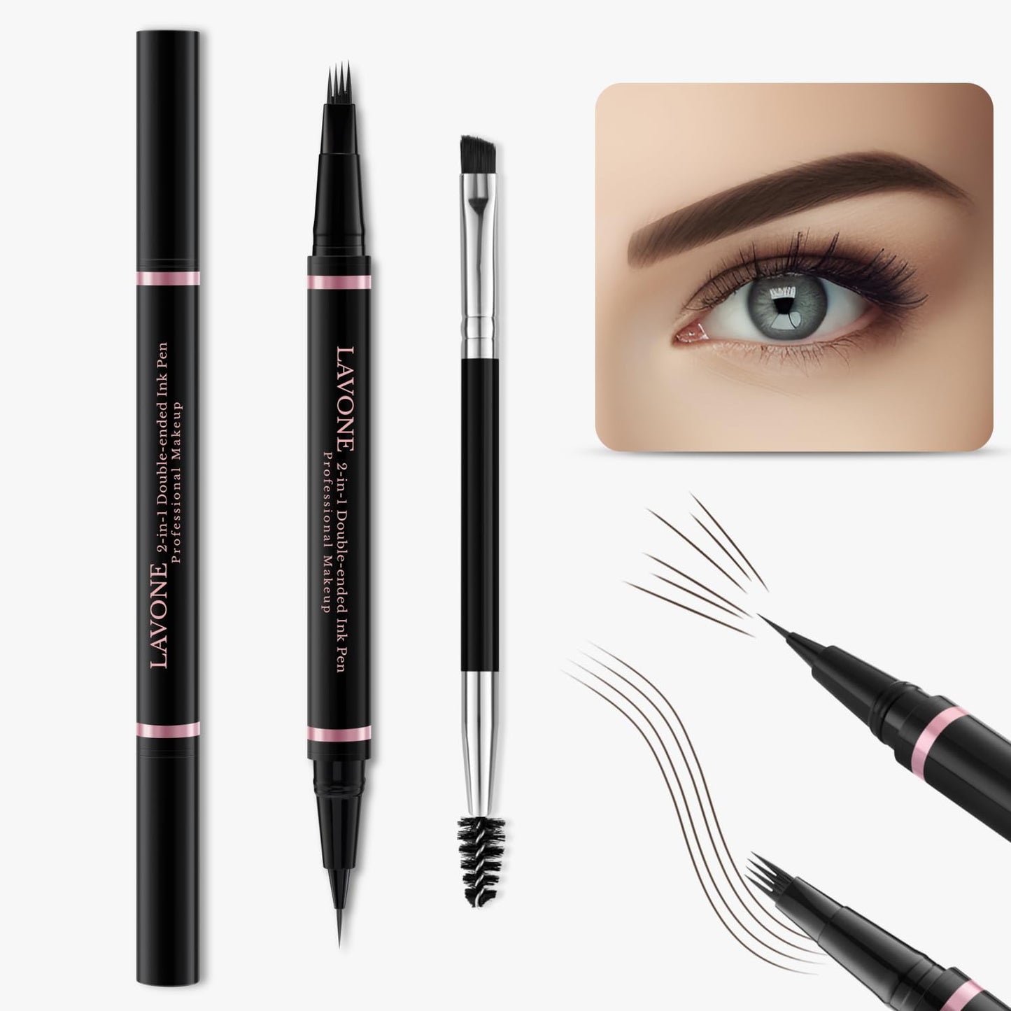LAVONE Eyebrow Pencil Makeup Kit, with Waterproof 2-IN-1 Microblading Eyebrow Pen, Eyebrow Pomade, Eyeliner and Dual-ended Eyebrow Brush, Brow Pencil Kit for Natural Eyebrows - Chocolate