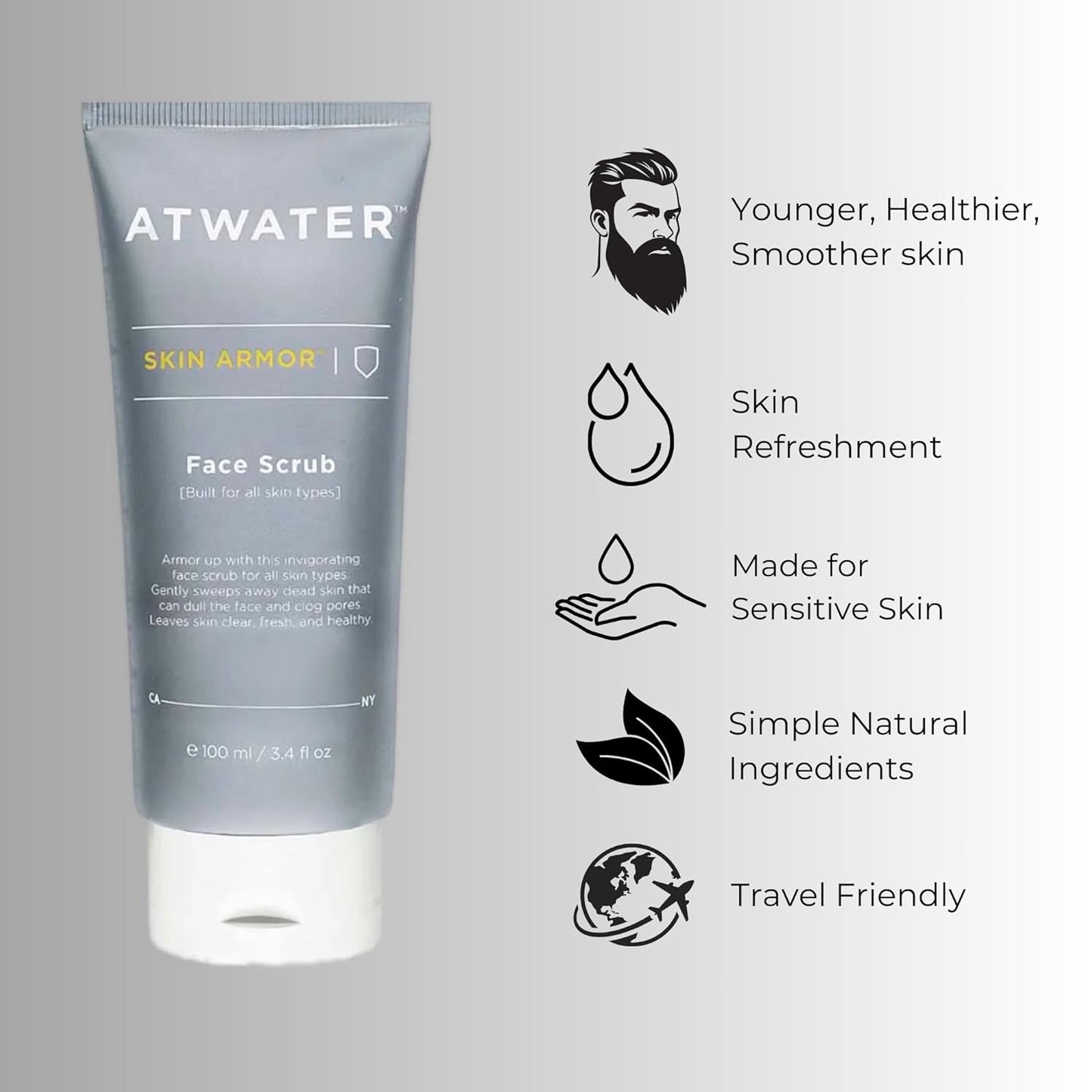 ATWATER Skin Armor Exfoliating Face Scrub, Men's Facial Cleanser with Jojoba Beads and Salicylic Acid, Non-Abrasive Skin Exfoliator for All Skin Types - 3.4 oz