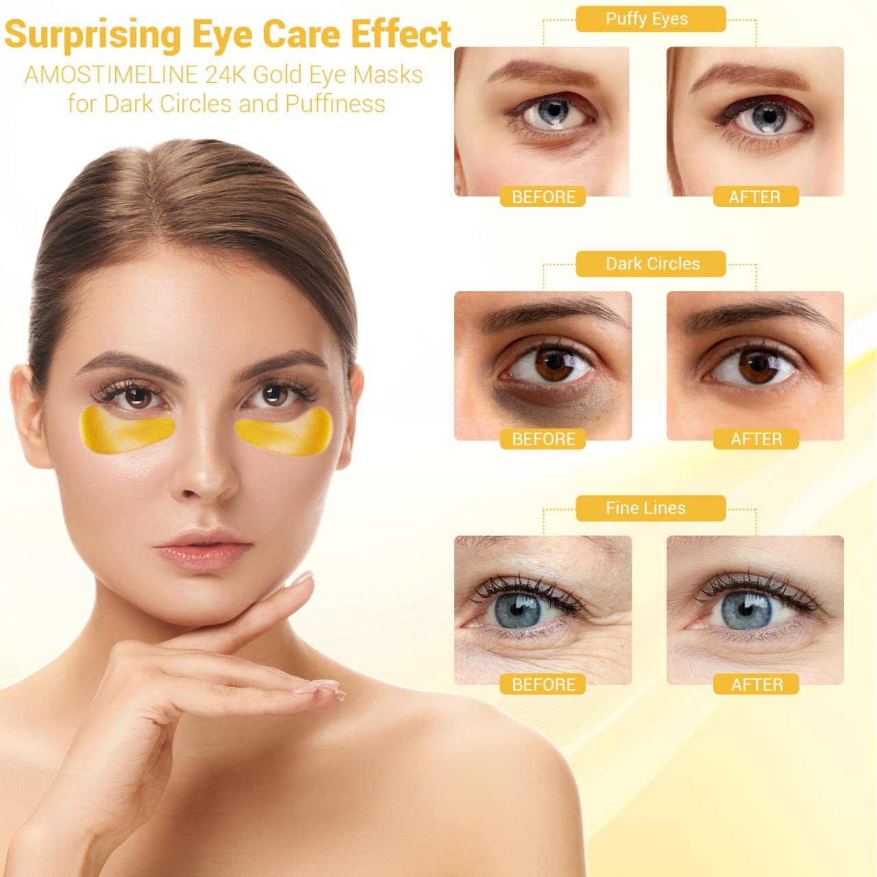 24K Gold Eye Masks for Dark Circles and Puffiness (6 Pairs) with Collagen, Aloe Vera & Hyaluronic Acid-Anti-Aging Under Eye Patches for Dark Circles and Puffiness-Reduce Wrinkles