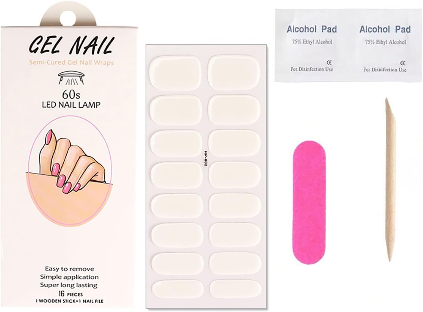 Semi Cured Gel Nail Stickers Decals 16Pcs Solid Color Nail Strips Self-Adhesive Desing Supply White Real Gel Polish Strips for Women DIY Waterproof Manicure Kit Party Nails Decoration 1 Sheets