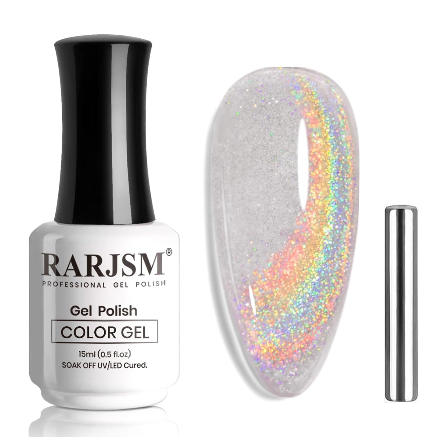 RARJSM Holographic Rainbow Cat Eye Gel Nail Polish with Magnet Stick Clear Silver Iridescent Glitter Sparkle 9D Cat Eye Gel Polish Soak off UV LED Curing Requires Soak Off Home Salon Diy Nail Art