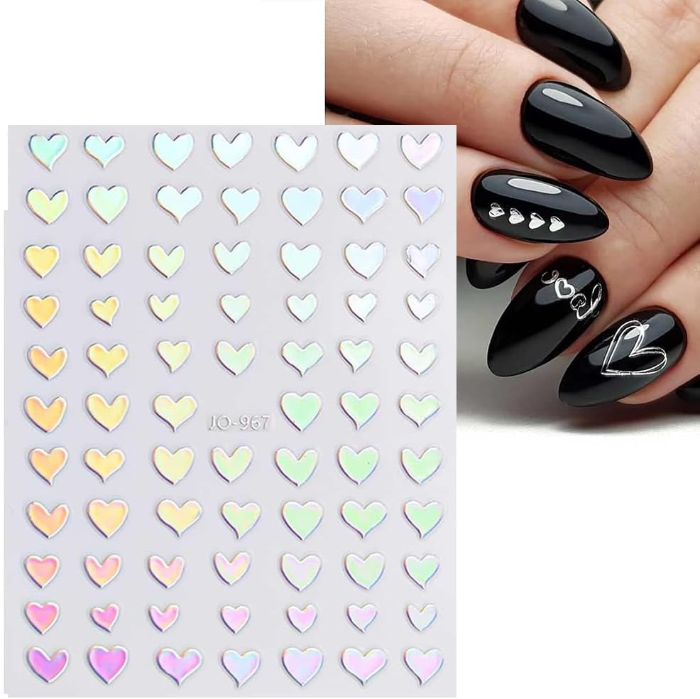 12 Sheets French Line Nail Art Stickers Aurora Star Heart Nail Decals Self-Adhesive Pegatinas Uñas Glitter Holographic Laser Silver Nail Supplies for Women Nail Art Design Decoration