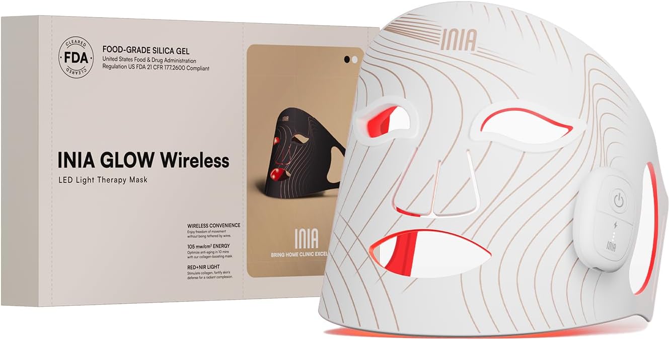 INIA Red Light Therapy Mask for Face, Glow Wireless LED Face Mask Light Therapy with Near-Infrared Red Light (NIR), Rechargeable and Ergonomic Design for Home & Travel